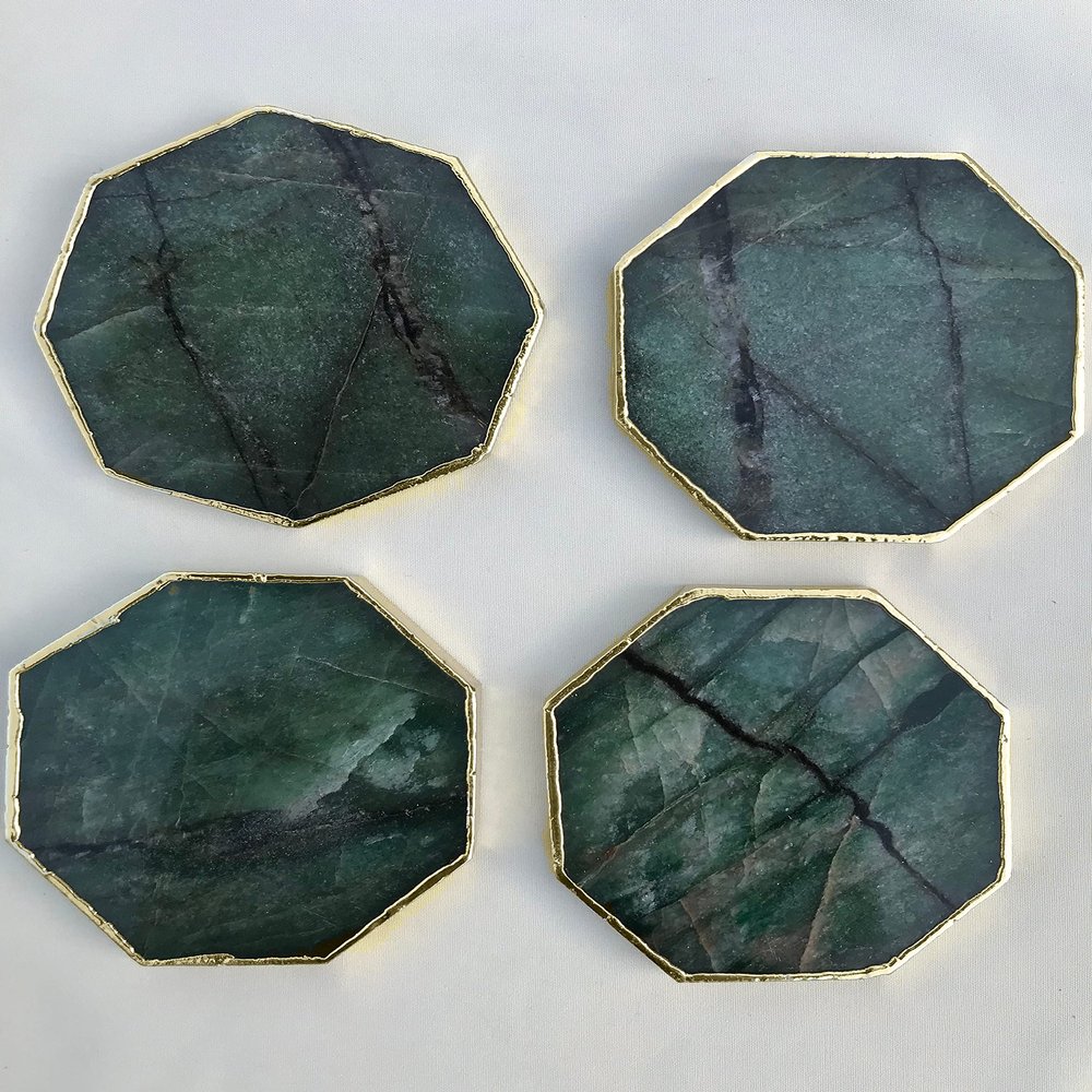 Octagonal Sage Green Agate Coasters, Set of 4, Gold Finish