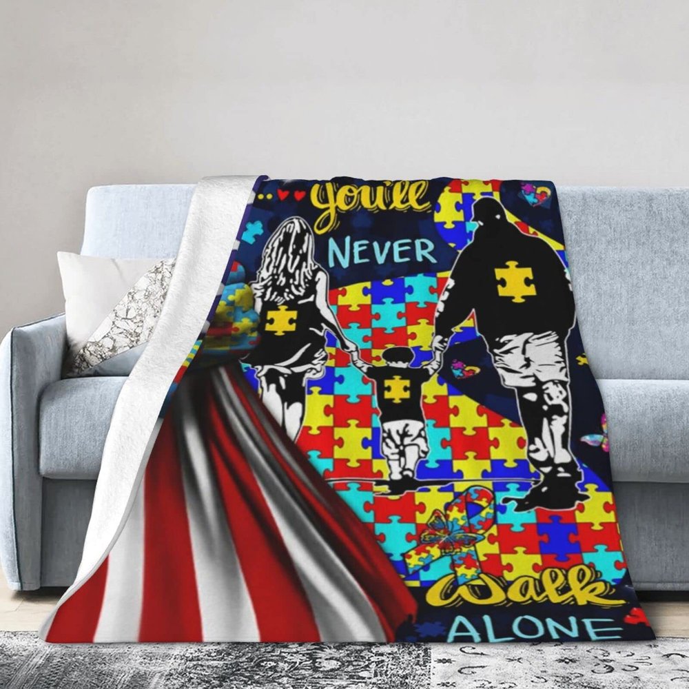 Christmas Flannel Fleece Bed Throw Blanket, You'll Never Walk Alone, Autism Awareness, 60 x 50 in
