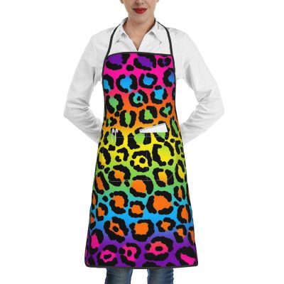 Oudrspo Polyester Apron with Rainbow Leopard Pattern and Pocket Trim, Unisex, for Baking and Grilling in the Supermarket Kitchen