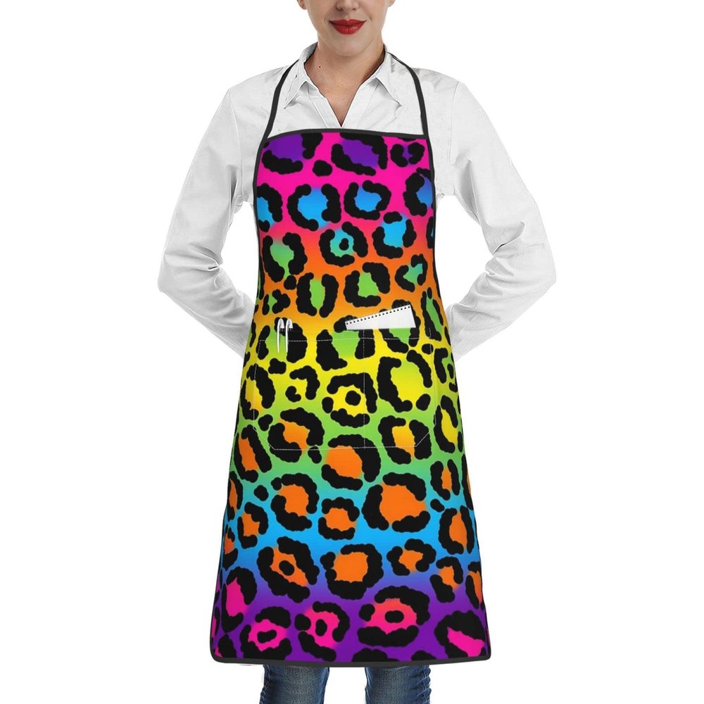 Oudrspo Polyester Apron with Rainbow Leopard Pattern and Pocket Trim, Unisex, for Baking and Grilling in the Supermarket Kitchen