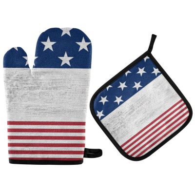 July 4th Wooden Oven Mitt with Red Stripes and Blue Stars, Pot Holder, Festive Gift Set, Heat-Resistant Cooking Glove for Grilling, BBQ, Baking, Independence Day