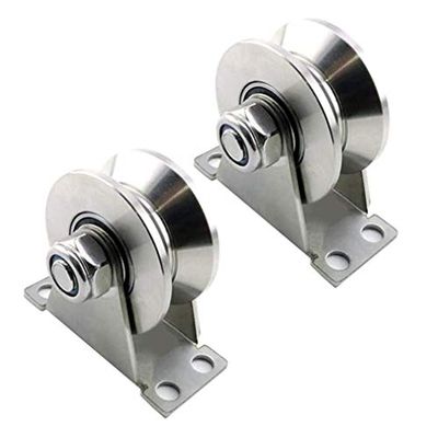 Track Wheel with V-Groove, 2 Fixed 304 Stainless Steel Pulleys with Bearings, Rigid Heavy-Duty Caster for Track Sliding Doors, Mechanical Carts and Mobile Workbenches (H-Type Slot Width 2