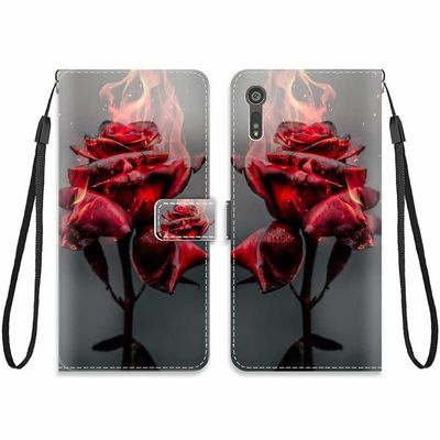 KARTXITAI Wallet Case Compatible with Sony Xperia XZ, PU Leather Flip Cover with Card Slots, Cash Pocket, Stand Function and Magnetic Closure, Red Roses/Fire