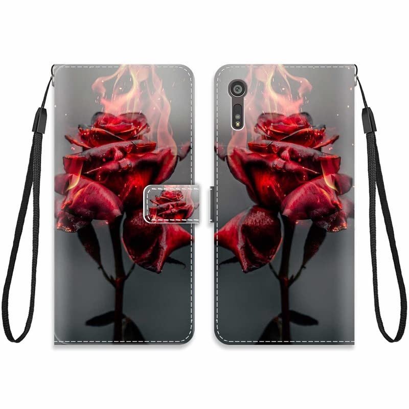 KARTXITAI Wallet Case Compatible with Sony Xperia XZ, PU Leather Flip Cover with Card Slots, Cash Pocket, Stand Function and Magnetic Closure, Red Roses/Fire