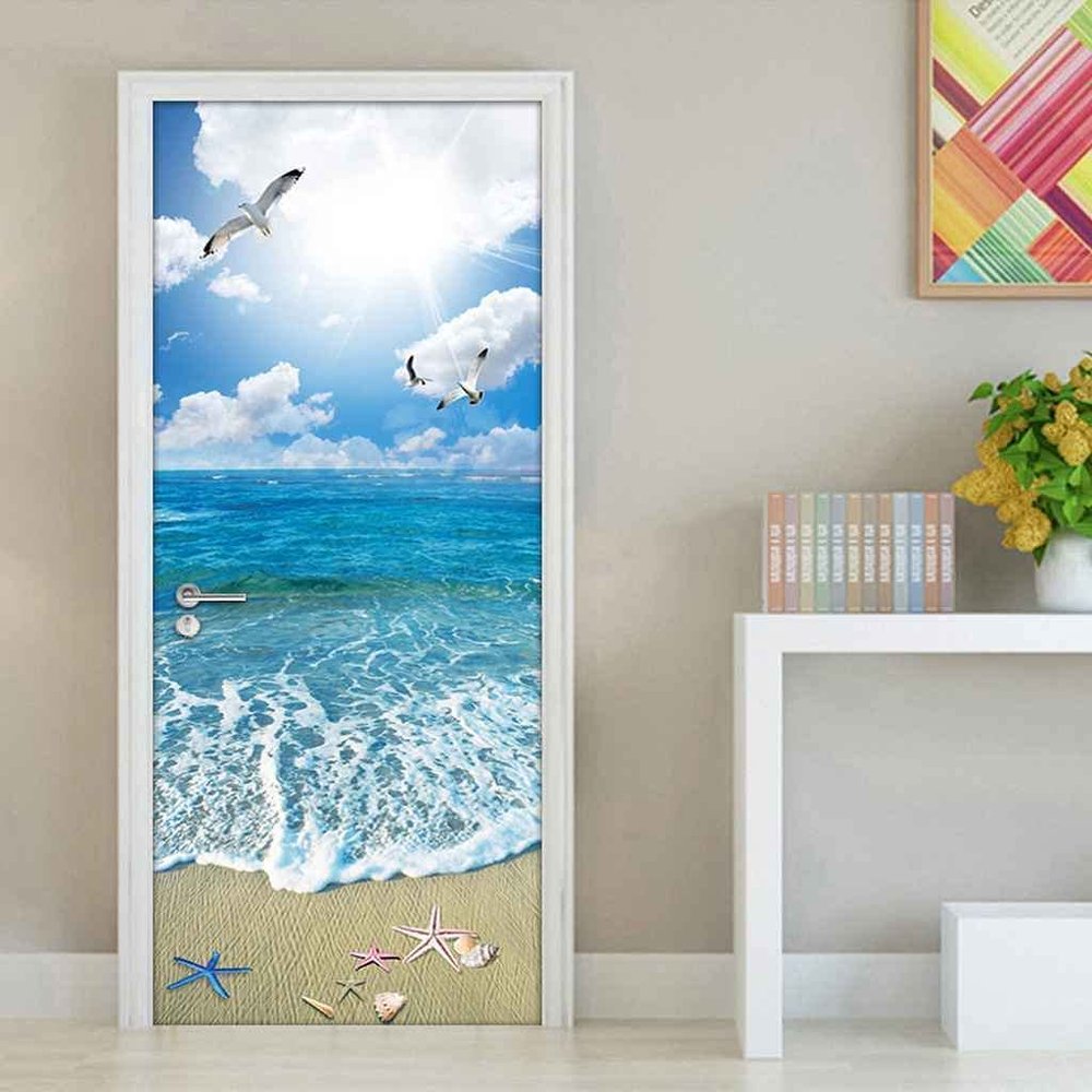 3D Self-Adhesive Door Wallpaper, Beach, Sun and Seascape, 95 x 215 cm