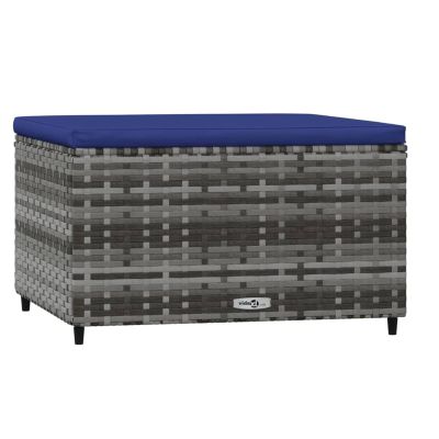 Tidyard Garden Footstool with Dark Blue Cushion, Gray PE Rattan, 55 x 55 x 31 cm