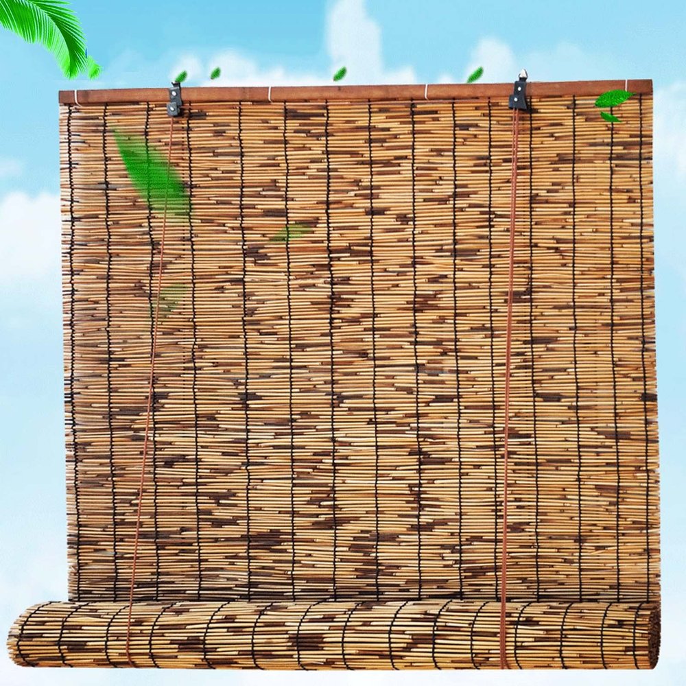 Retro Natural Reed Roll-Up Blind, Cordless Outdoor Bamboo Shade, W109 x H183 cm (43 x 72 in)