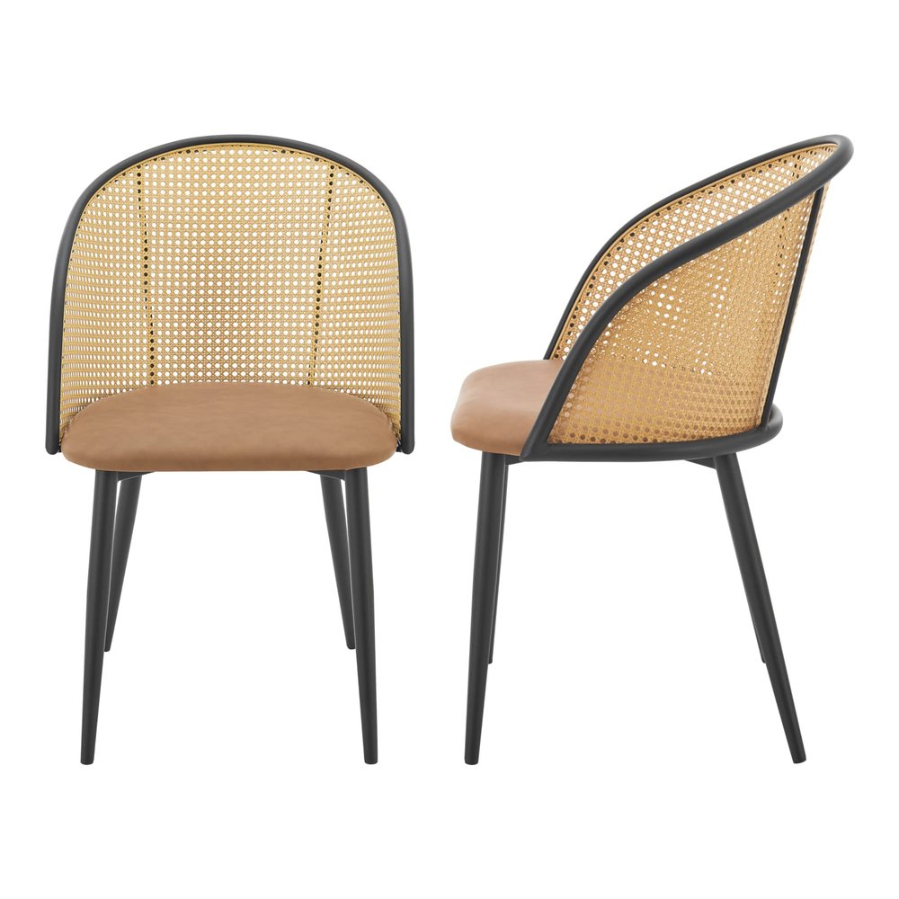 [en.casa] Gagnef Dining Chairs, Set of 2, Brown Rattan, PU Faux Leather, Black Metal Legs