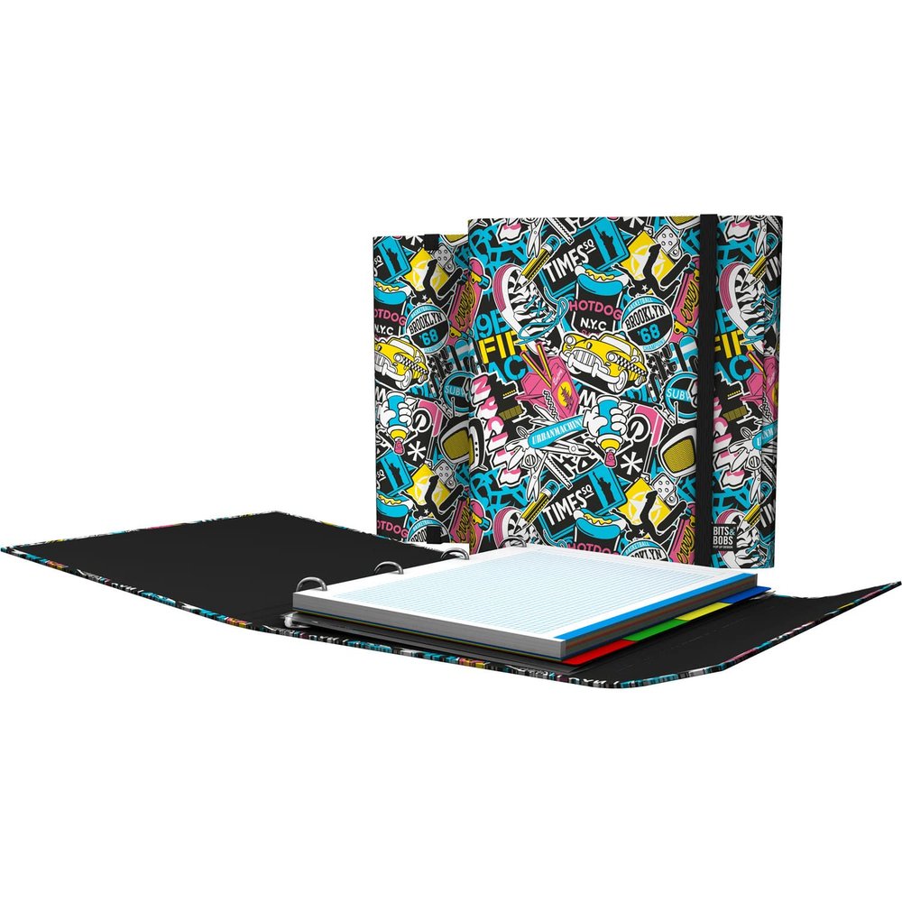 Grafopls Ring Binder with Refill and Flap, 4 D-Rings, 25 mm, NYC Bits & Bobs Pop-Up Design