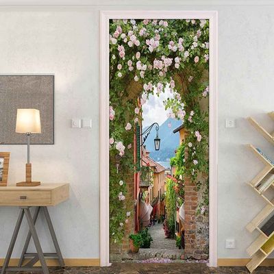 3D Pink Flower Alley Door Wall Mural Sticker, 90 x 210 cm