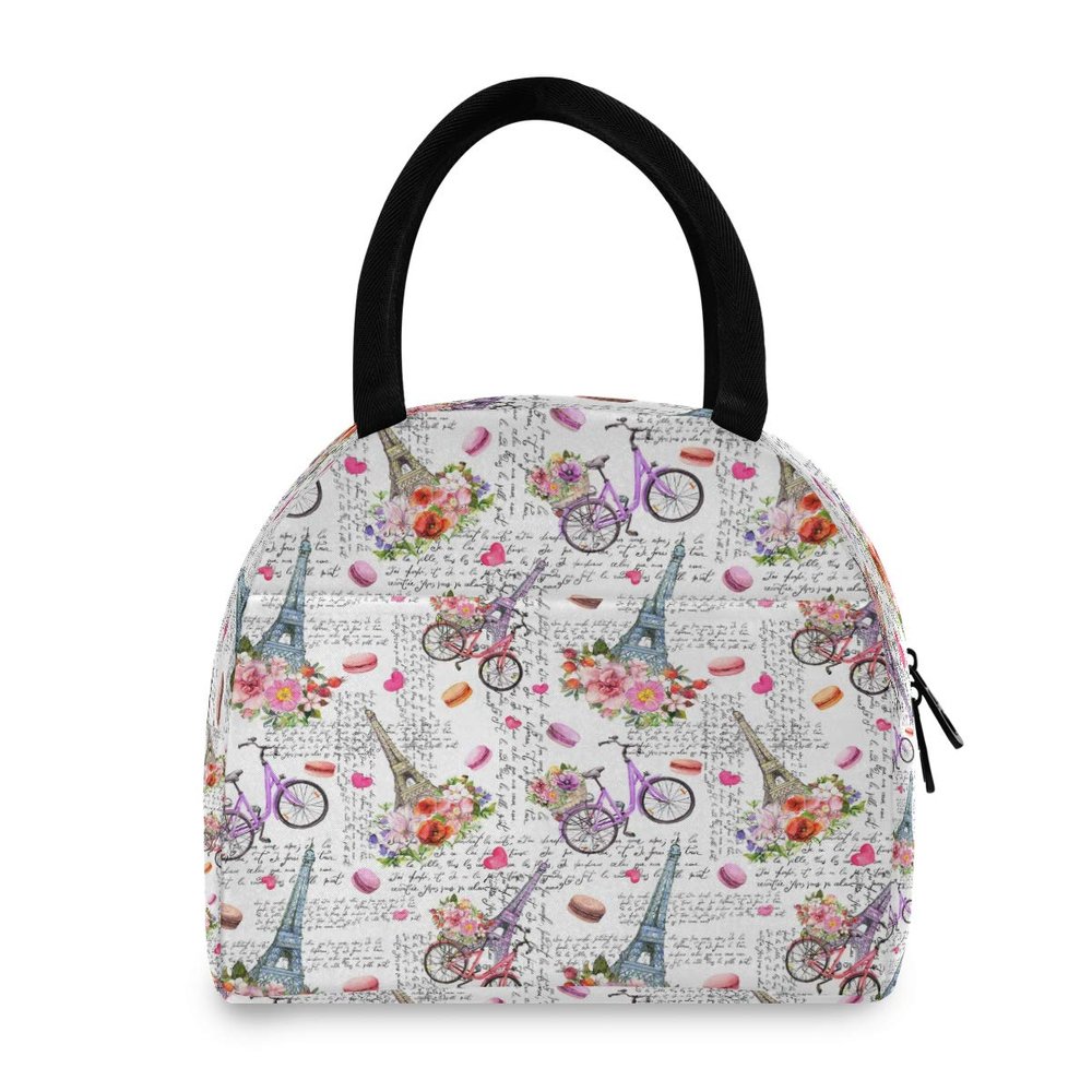 Lsjuee Paris Eiffel Tower Flower Lunch Bag, Insulated Waterproof Cooler Tote, Thermal Lunch Box Handbag for Women, Men, Adults and Girls, Outdoor