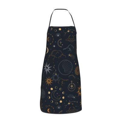 IUBBKI Mystical Stars Sun Eyes Moon Black Apron for Women and Men with Pockets