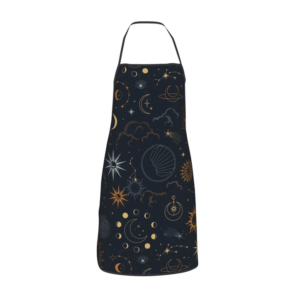 IUBBKI Mystical Stars Sun Eyes Moon Black Apron for Women and Men with Pockets