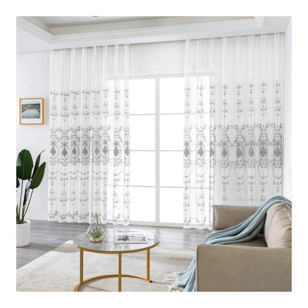Homxi Semi-Sheer Curtains, 2-Piece Set, Gray White Vintage Floral Print, 42 x 96 in