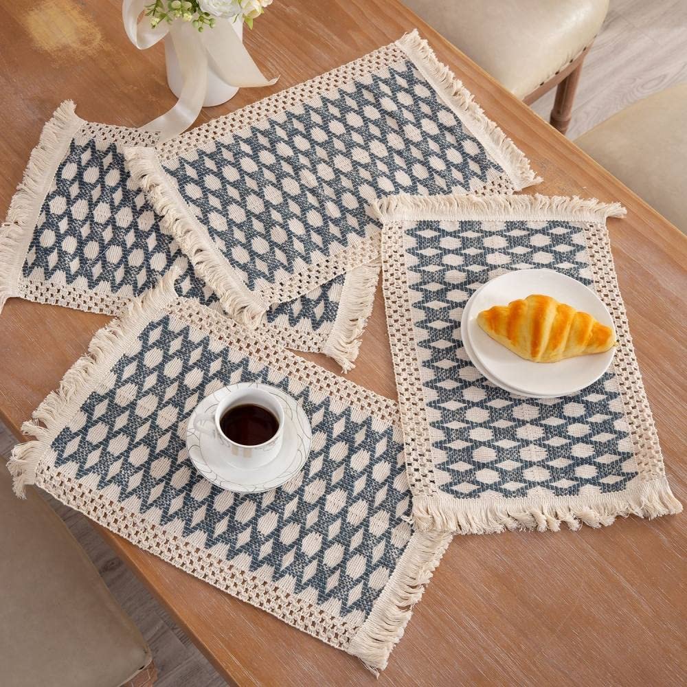 Set of 6 Washable Dark Blue Jacquard Placemats