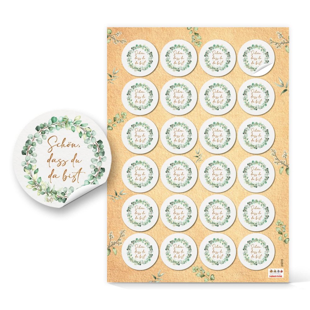 24 Eucalyptus “So Glad You’re Here” Stickers, 4 cm
