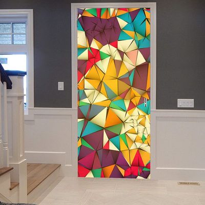 3D Self-Adhesive Door Sticker for Interior Doors, 90 x 200 cm, Colorful Geometric Polygon Design
