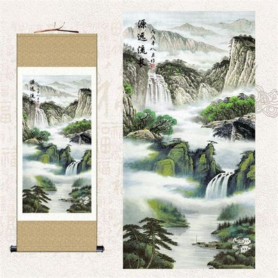 Chinese Art Wall Silk Scroll, Buddhist Thangka Landscape Painting, Khaki