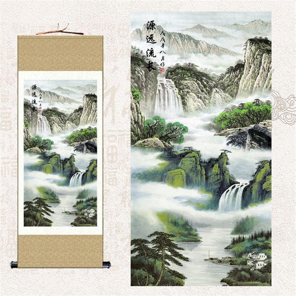 Chinese Art Wall Silk Scroll, Buddhist Thangka Landscape Painting, Khaki