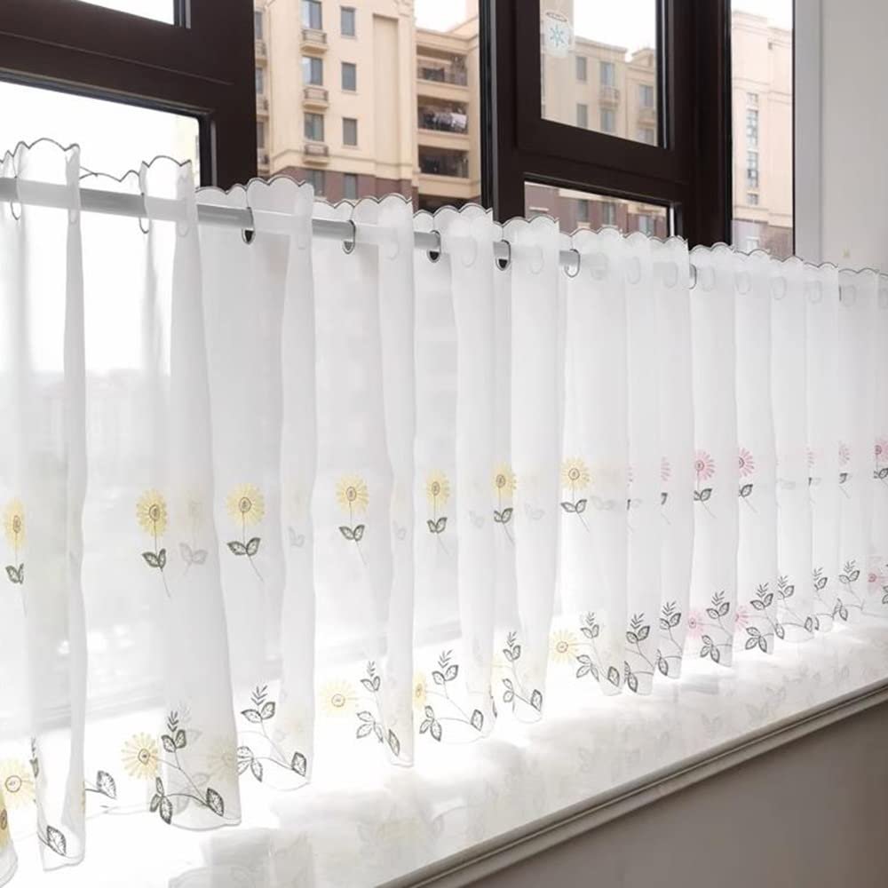 BIRLD White Tulle Café Curtain, Semi-Sheer Short Curtain with Daisy Pattern, Pink, 42 x 230 cm