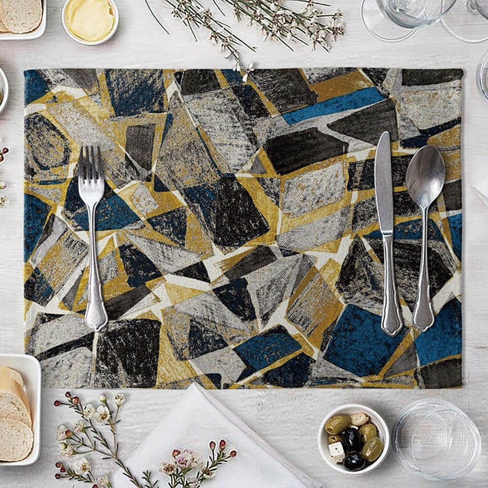 Homxi Washable Placemats, Set of 2, 40 x 30 cm, Linen Cotton, Irregular Geometric Design, Black White Yellow