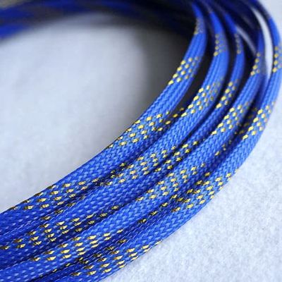 10 m PET braided expandable cable sleeve, 2–40 mm, insulated protection, blue-gold, 14 mm