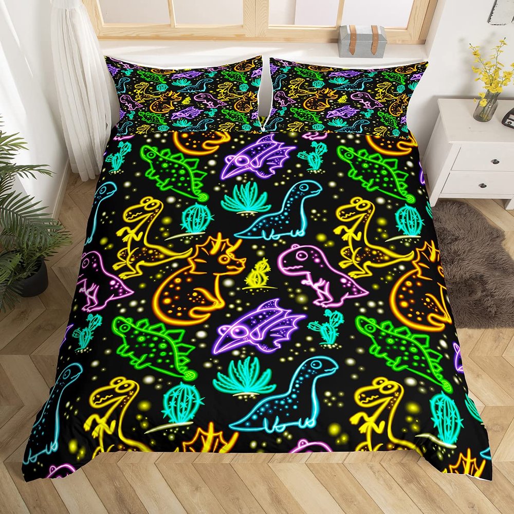 Colorful Neon Dinosaur Duvet Cover Set with Glowing Animals, Rainbow Stars, Black, 1 Pillowcase