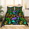 Colorful Neon Dinosaur Duvet Cover Set with Glowing Animals, Rainbow Stars, Black, 1 Pillowcase view 2