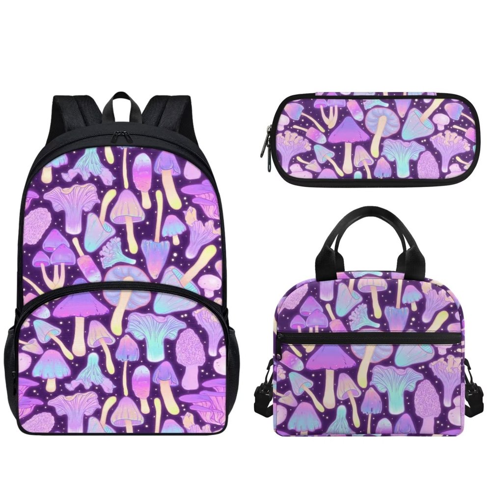 NETILGEN Kids' Backpack Set, 3-Piece Set with Lunch Bag and Pencil Case, Purple Mushroom