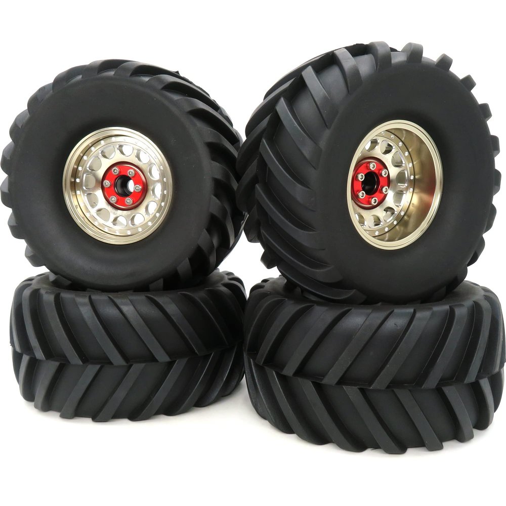 hobbysoul Adjustable 4-Offset 2.2 Beadlock Wheels and Tires, Champagne, 5.12 in / 130 mm, 4-Piece Set, Mounted