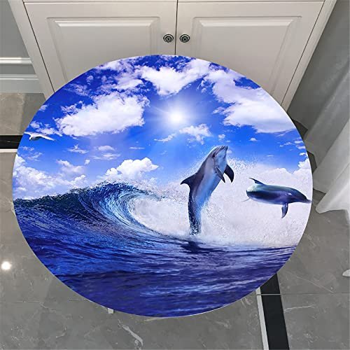 Morbuy Round Elastic Waterproof Tablecloth, Ocean Waves, 120 cm