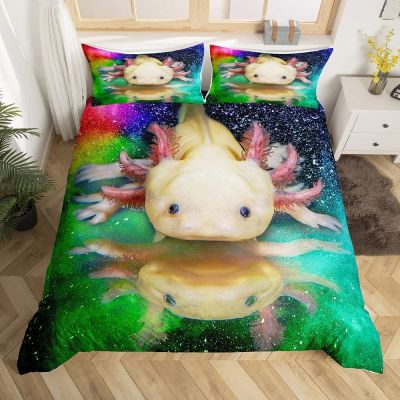 TAKOLI Axolotl Bedding Set 220 x 240 cm, Soft Microfiber 3D-Print Salamander Design, 3-Piece, Marine Reptiles and Fish, Duvet Cover with 2 Pillowcases 80 x 80 cm, Zipper Closure