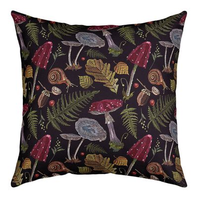 Wild Mushroom Decorative Square Throw Pillow Cover with Autumn Palm Leaves and Cute Snail