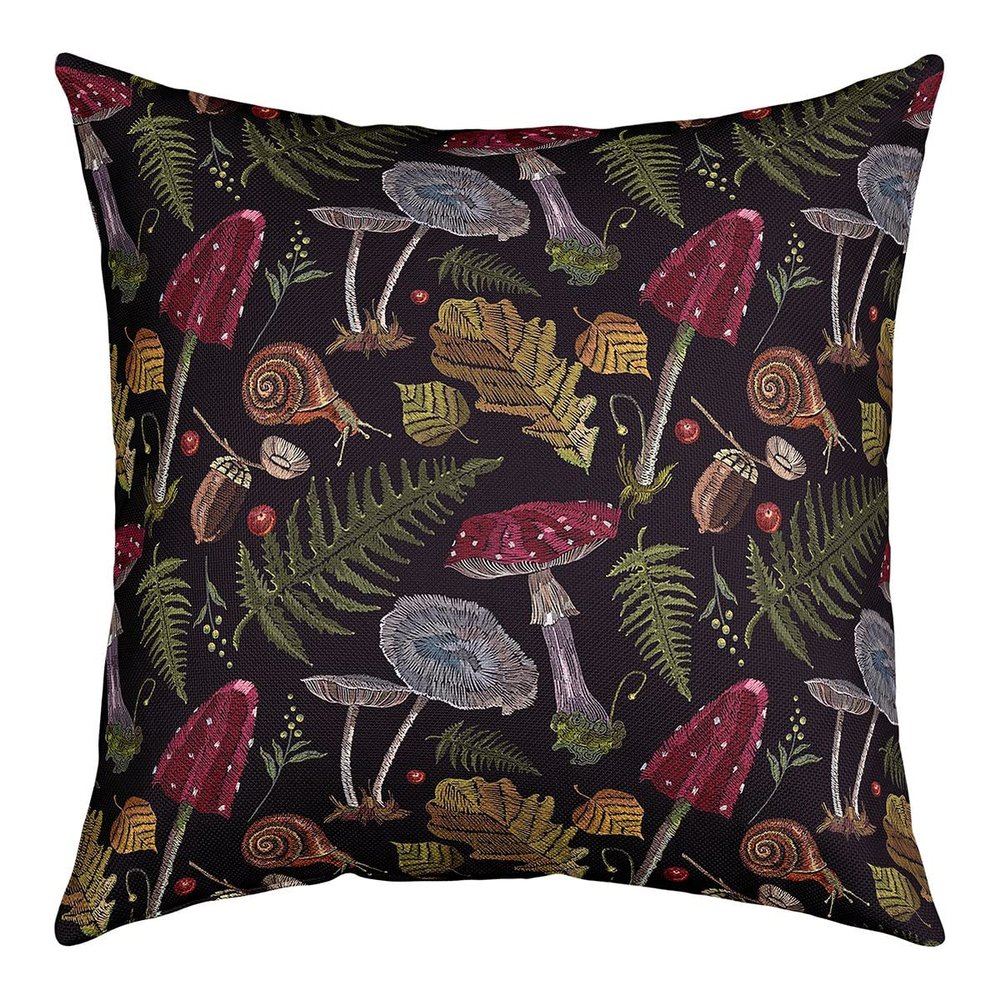 Wild Mushroom Decorative Square Throw Pillow Cover with Autumn Palm Leaves and Cute Snail