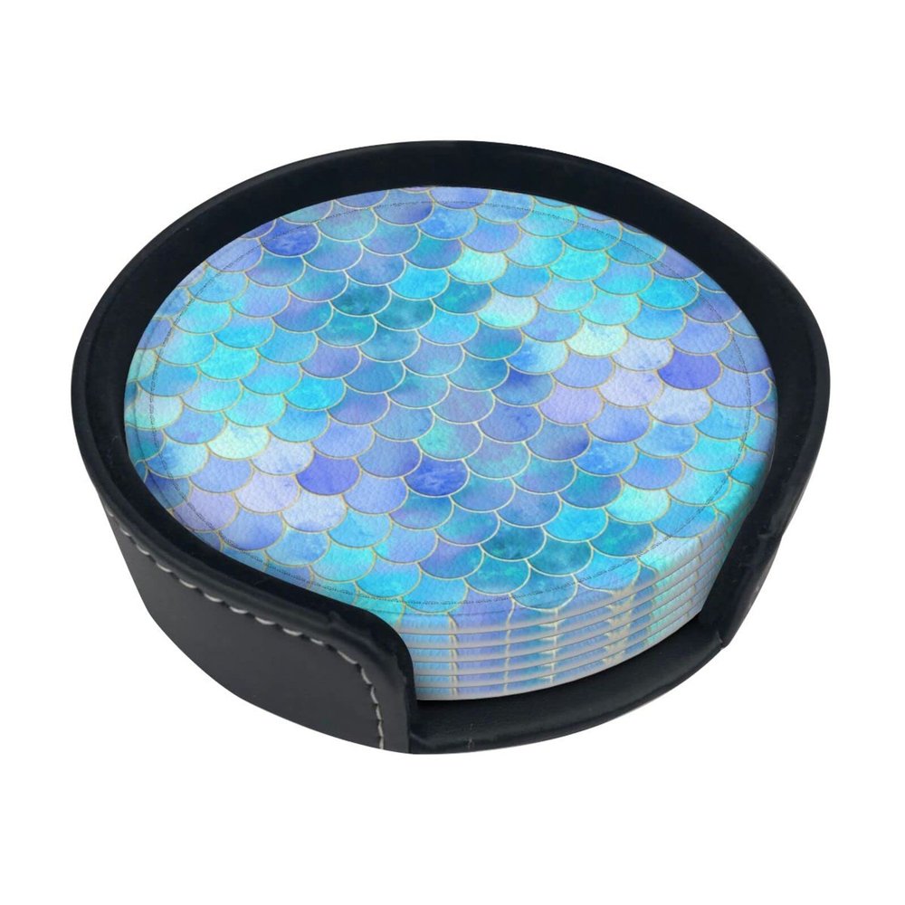 TOPUNY Gold Mermaid-Scale Leather Coasters, 6-Piece Set with Storage Box