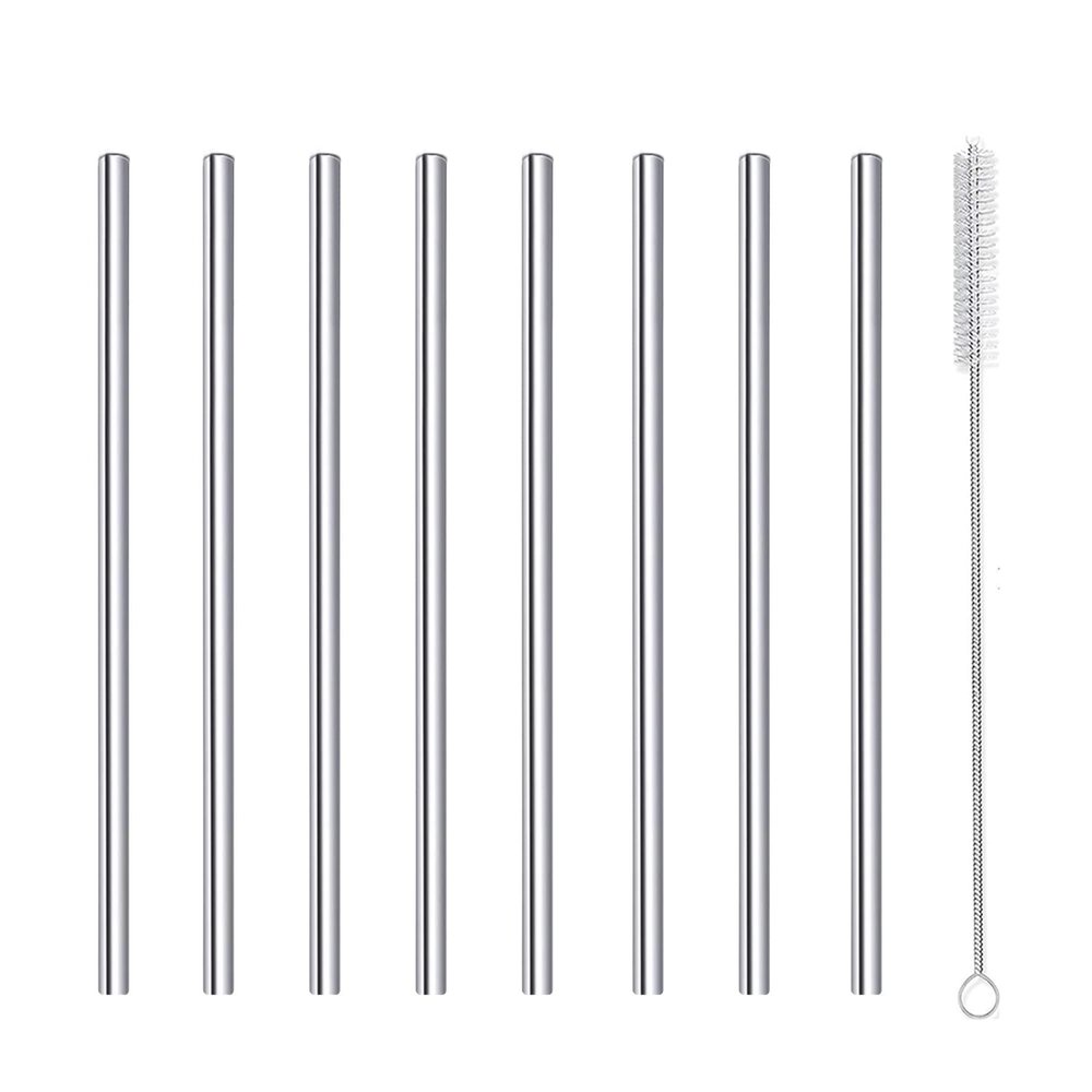Short Reusable Stainless Steel Cocktail Straws, Silver, 8-Piece Set