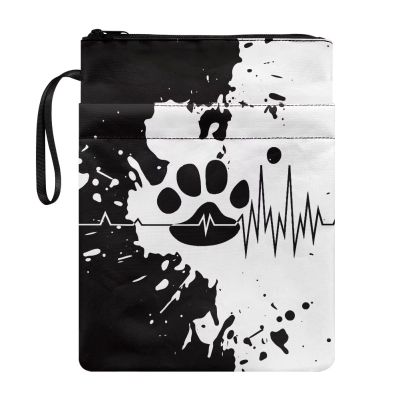 COEQINE Black and White Book Sleeve with Zipper and Cute Paw Pattern