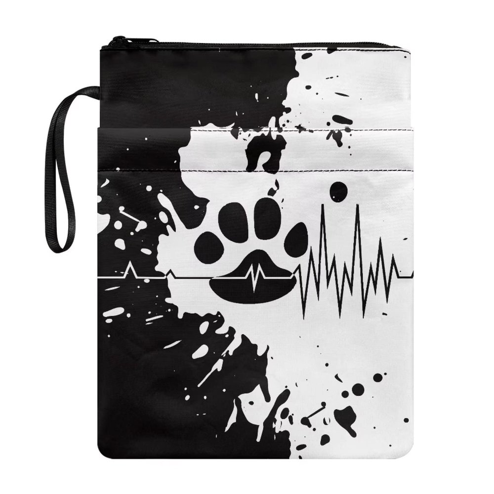 COEQINE Black and White Book Sleeve with Zipper and Cute Paw Pattern