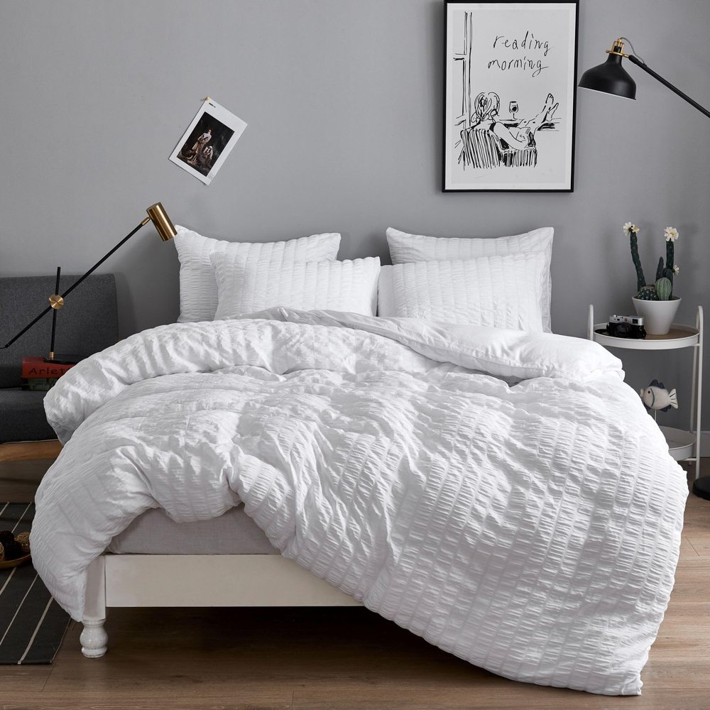 Freyamy Seersucker Duvet Cover Set, 200 x 200 cm, White, Textured Stripe