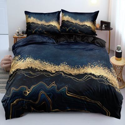 DXHOME Gold Marble Bedding Set 155 x 200 cm, Black and Gold Reversible 3D Microfiber