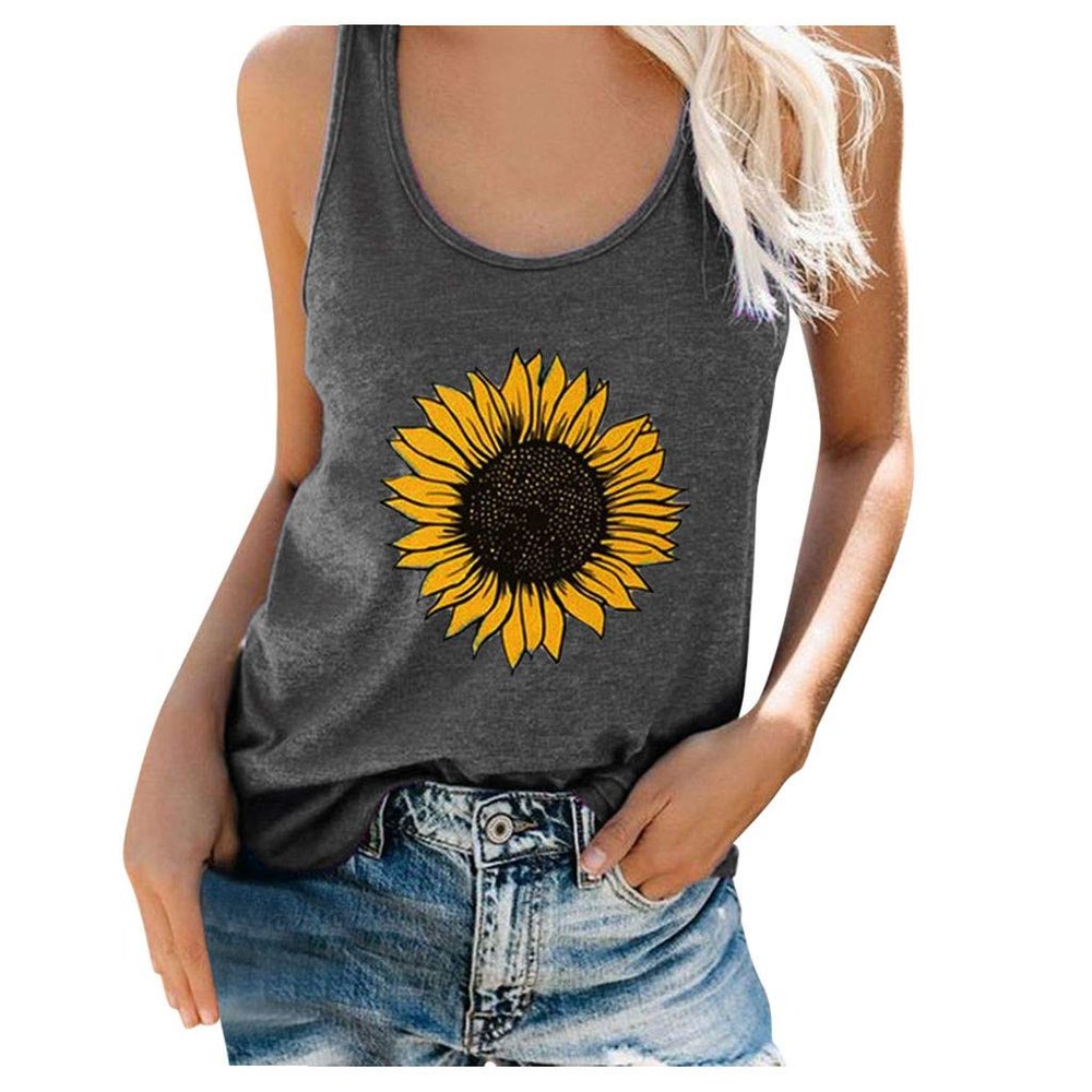 CGGMVCG Women's Graphic Tank Top, Crew Neck Sleeveless Blouse, Printed Summer Shirt, Z05 Dark Gray, XL
