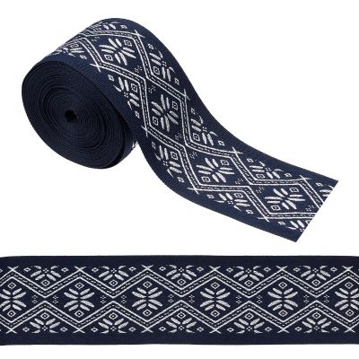 GORGECRAFT 5 Yards 1.9-Inch Vintage Jacquard Ribbon, Ethnic-Style Embroidered Polyester Trim, Navy Blue Diamond Pattern
