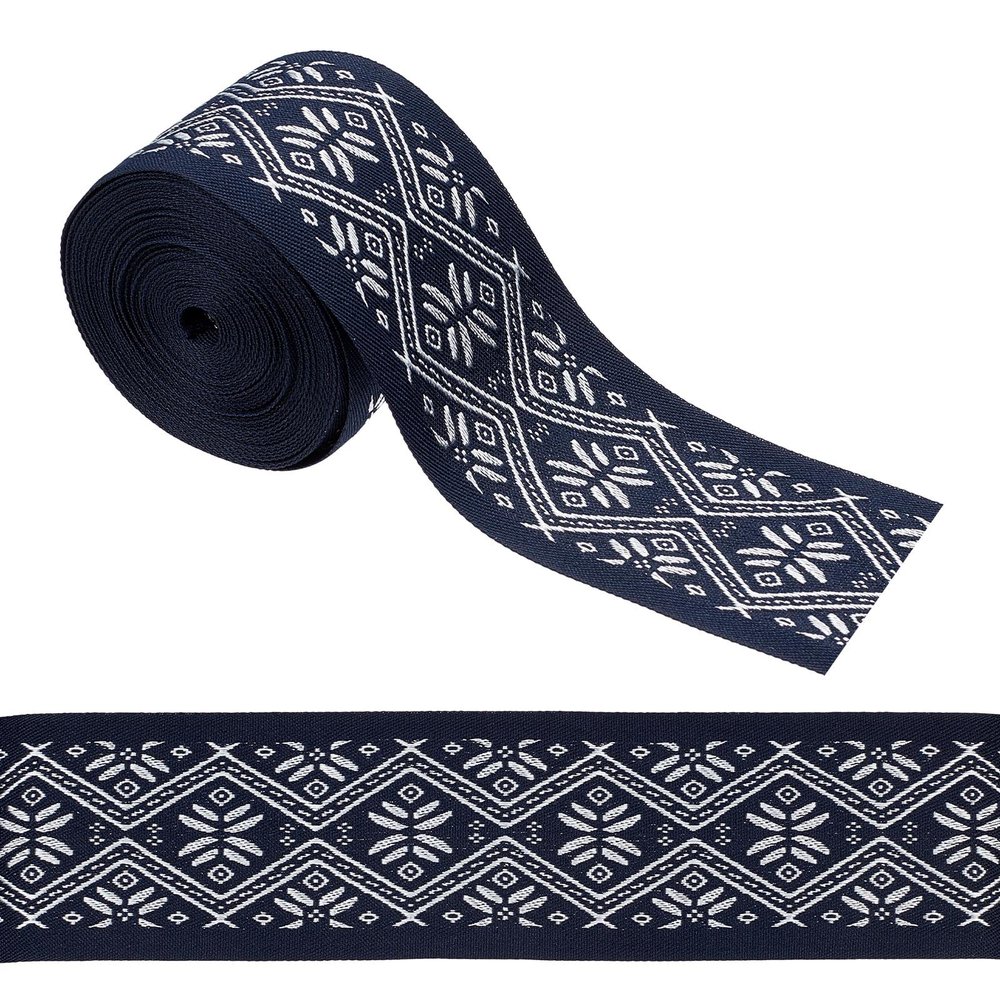 GORGECRAFT 5 Yards 1.9-Inch Vintage Jacquard Ribbon, Ethnic-Style Embroidered Polyester Trim, Navy Blue Diamond Pattern