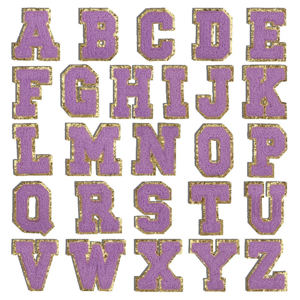 Purple Embroidered Iron-On Letter Patches, 26 Pieces