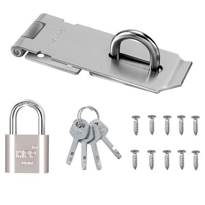 304 Stainless Steel Hasp Lock with Padlock and Screws for Doors, Gates, Cabinets, Chests, and Windows, Silver