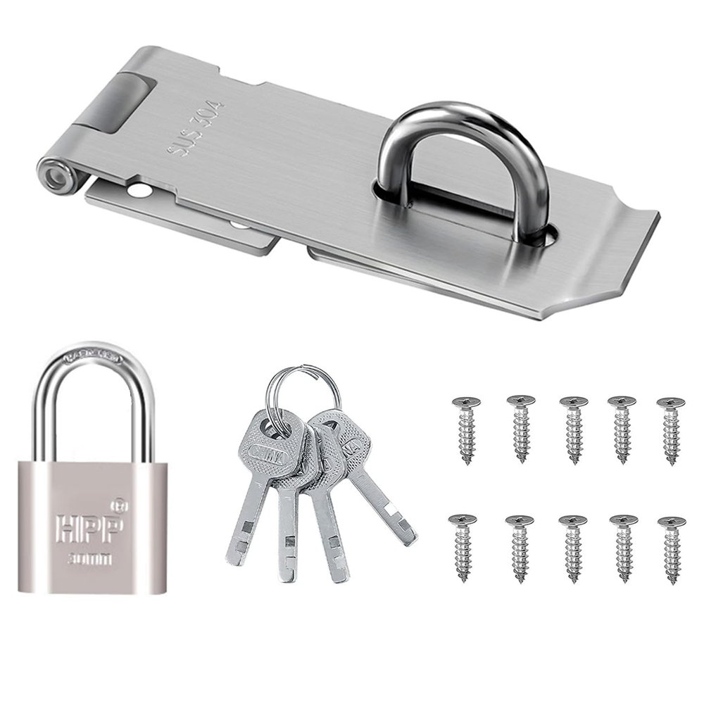 304 Stainless Steel Hasp Lock with Padlock and Screws for Doors, Gates, Cabinets, Chests, and Windows, Silver