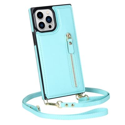 CLLDY Zipper Wallet Lanyard Leather Card Case for iPhone X, Sky Blue