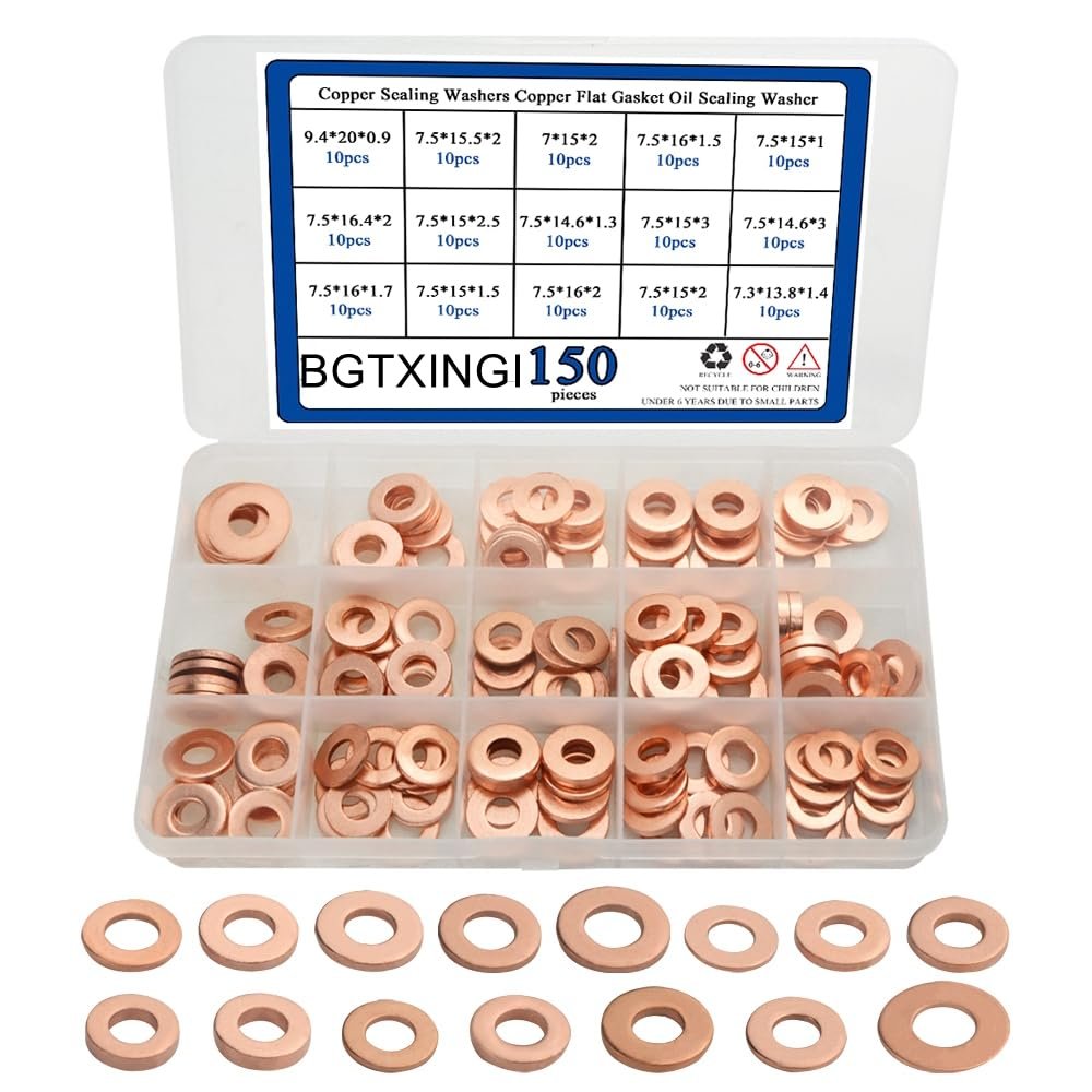 BGTXINGI 150-Piece 15-Size Copper Flat Washer Assortment Box