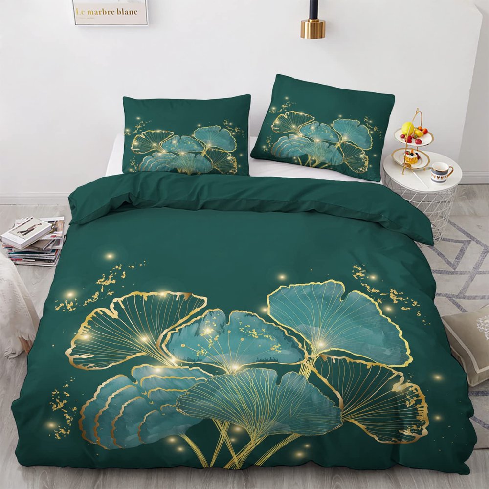 GEDAEUBA Summer Ginkgo Bedding Set, 135 x 200 cm, Dark Green Plant Pattern, Reversible Duvet Cover and Pillowcase