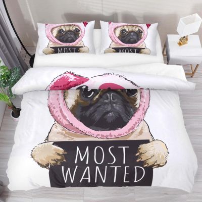 3-Piece Queen Duvet Cover Set, Breathable Tencel Bedding with 2 Pillowcases, Wrinkle-Resistant Pug, Dog and Pig Design